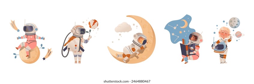 Cute Kid Astronauts and Cosmonaut in Outer Space Vector Set