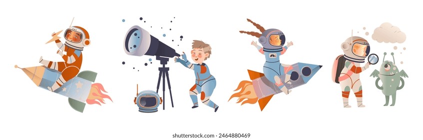 Cute Kid Astronauts and Cosmonaut in Outer Space Vector Set