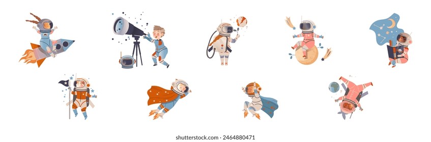 Cute Kid Astronauts and Cosmonaut in Outer Space Vector Set