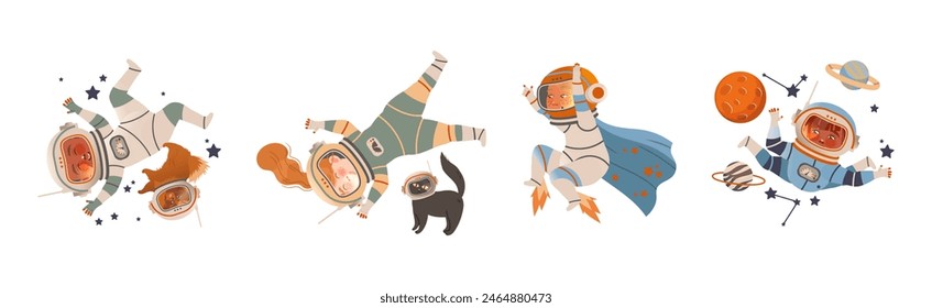 Niños astronautas y cosmonautas en el espacio exterior Vector Set