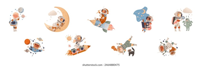 Niños astronautas y cosmonautas en el espacio exterior Vector Set