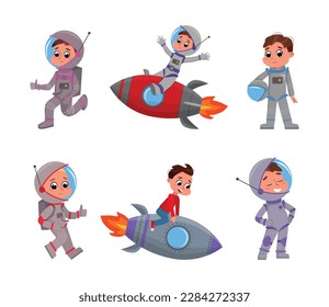 Cute Kid Astronauts in Outer Space Riding Rocket or Spaceship Vector Set