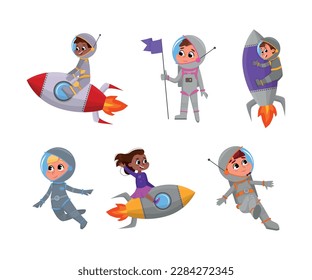 Cute Kid Astronauts in Outer Space Riding Rocket or Spaceship Vector Set