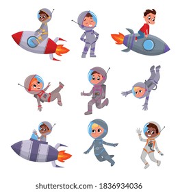 Cute Kid Astronauts Set, Children in Outer Space Suits Riding Spaceships, Space Tourists Characters Cartoon Style Vector Illustration