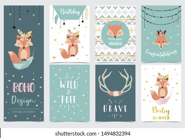 Cute kid background with dreamcatcher,feather,fox,star for birthday invitation
