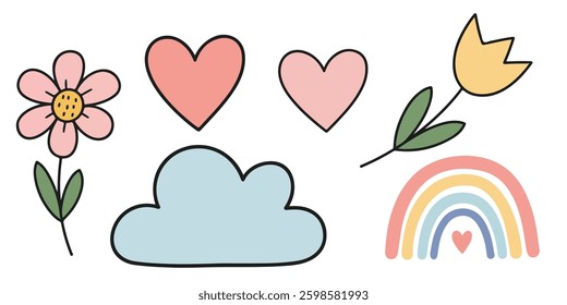 Cute kid background line flower a charming background design featuring playful line art of flowers, hearts, and rainbow icons, all created in a cute and child friendly style