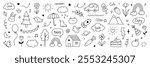 Cute kid background line tree, cloud, flower icon. Hand drawn doodle sketch kid art element set. Flower, heart, cloud children draw style design element background. Vector illustration