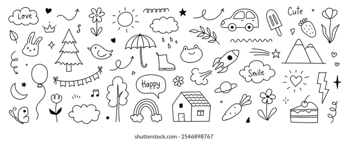 Lindo árbol de línea de fondo de niño, nube, icono de flor. Dibujado a mano doodle sketch patrón de elemento de arte infantil. Flor, animal, niños de la nube dibujan el fondo del elemento del diseño del estilo. Ilustración vectorial