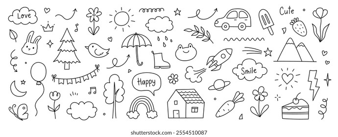 Cute kid background line tree, cloud, flower icon. Hand drawn doodle sketch kid art element set. Flower, heart, cloud children draw style design element background. Vector illustration