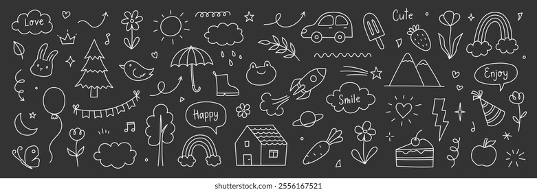 Cute kid background line tree, cloud, flower chalk icon. Hand drawn doodle sketch kid art element pattern. Flower, animal, cloud children draw style design element chalkboard. Vector illustration