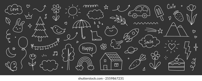 Cute kid background line tree, cloud, flower chalk icon. Hand drawn doodle sketch kid art element pattern. Flower, animal, cloud children draw style design element chalkboard. Vector illustration