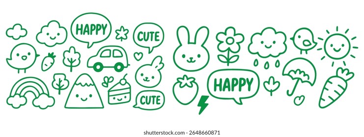 Lindo árbol de línea de fondo de niño, nube, icono de flor. Dibujado a mano doodle sketch niño elemento de arte conjunto. Flor, corazón, nube, niños dibujan el fondo del elemento del diseño del estilo. Ilustración vectorial
