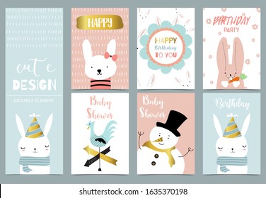 Cute kid background with snowman,rabbit,flower for birthday invitation