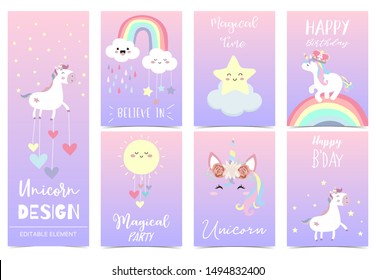 Cute kid background with unicorn,rainbow,pink,cloud for birthday invitation