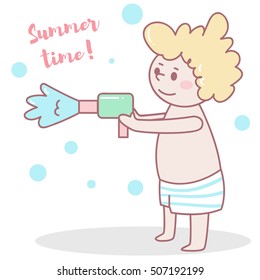 Cute kid in bathing suit. Gun water. Vector illustration. Cartoon character. Isolated. Flat. Children, vacations, swimming