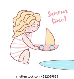 Cute kid in bathing suit. Water park, aquapark. Vector illustration. Cartoon character. Isolated. Flat. Children, vacations, swimming