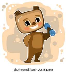 Cute kid Bear athlete. Dumbbell Exercise. Childrens sports. Cheerful animal. Cartoon style. Illustration for children. Isolated on white background. Vector.