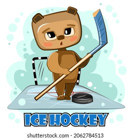 Cute kid Bear on ice. Childrens winter sports. Illustration for children. Hockey stick and puck. Sport. Funny animal in cartoon style. The picture is isolated on a white background. Vector.