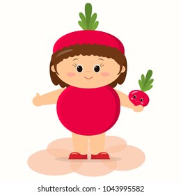 A cute kid in beet suit is holding a vegetable in his hands.