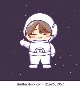 Astronauta de chico lindo en galaxia espacial y el icono de mascota en el pulgar