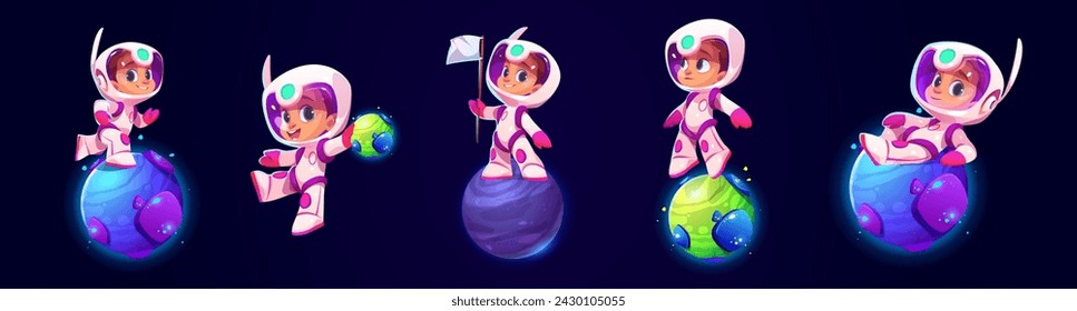 Cute kid boy astronaut in suit with helmet flying and playing on little alien planets in outer space. Cartoon vector illustration set of happy little child spaceman exploring satellite objects.
