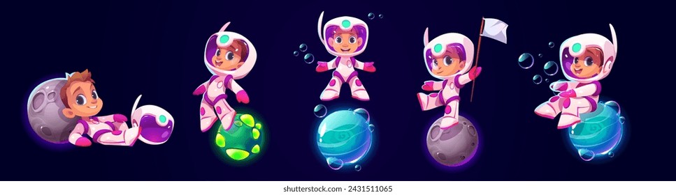 Cute kid boy astronaut in suit with helmet flying and playing on little alien planets in outer space. Cartoon vector illustration set of happy little child spaceman exploring satellite objects.