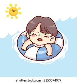 Cute Kid Boy Is Carried Away By The Current On The Buoy And Dont Know How To Swim Illustration