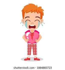 Cute kid boy character holding broken love heart shape and crying and standing