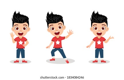 Cute kid boy character set with different emotion expressions and actions isolated on a white background