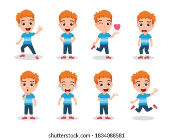 Cute kid boy character set isolated on a white background with different emotion expressions and actions