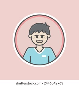 Niño lindo ilustración de avatar circular con piel blanca, pelo negro y cara enojada.
Camiseta azul, fondo rojo, estilo icónico, línea de Vector, plano, dibujos animados.
Aislado 100% totalmente redimensionable.