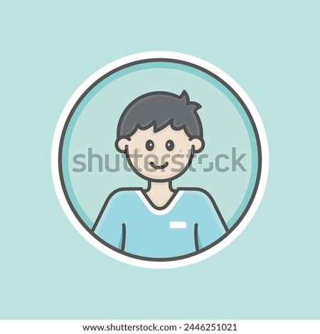 Cute kid boy circular avatar illustration with white skin, black hair and happy face.
Blue t-shirt, blue background, iconic style, vector line, flat, cartoon.
Isolated 100% fully resizable.