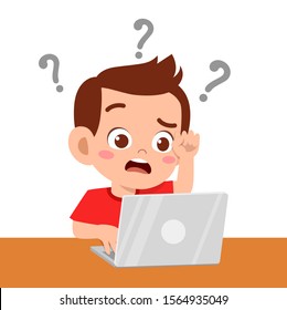 Cute Kid Boy Confused When Using Laptop Vector