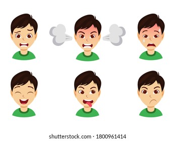Cute kid boy with different facial expression set in a white background