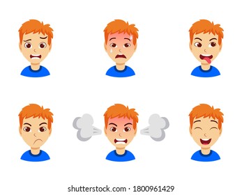 Cute kid boy with different facial expression set in a white background