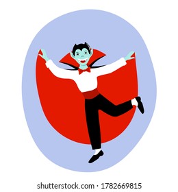 Cute kid boy in dracula costume for halloween carnival party. Trick or treat. Spooky fangs hairstyle and vampire cloak. Stock vector flat hand drawn illustration isolated on white background.