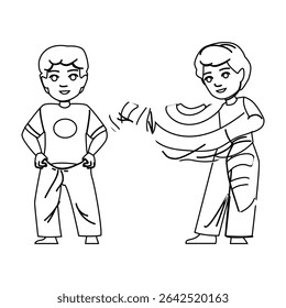 cute kid boy dressing up vector. little independent, adorable school, wear himself cute kid boy dressing up character. people black line pencil drawing illustration