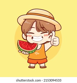 Cute kid boy eating watermelon at summer cartoon illustration