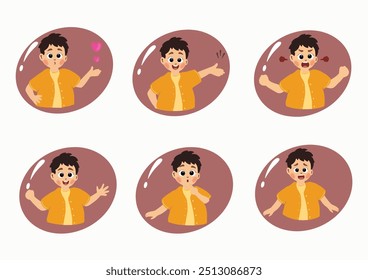 cute kid boy face expression emoji emoticon set