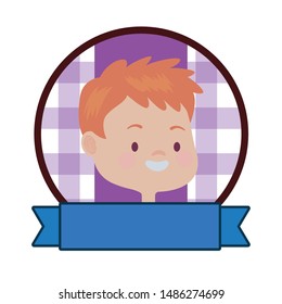 Cute kid boy face and head smiling cartoon round emblem with blank ribbon banner ,vector illustration graphic design.