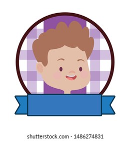 Cute kid boy face and head smiling cartoon round emblem with blank ribbon banner ,vector illustration graphic design.
