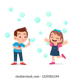 cute kid boy and girl blow bubble