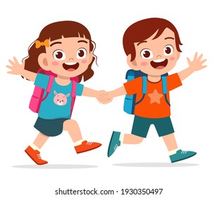 cute kid boy and girl holding hand and go to school together