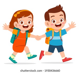 Cute Kid Boy And Girl Holding Hand And Go To School Together