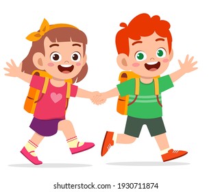 cute kid boy and girl holding hand and go to school together