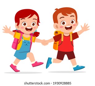 cute kid boy and girl holding hand and go to school together