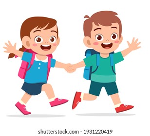 cute kid boy and girl holding hand and go to school together