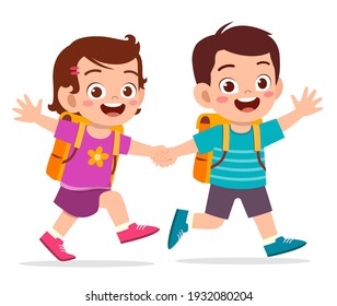 cute kid boy and girl holding hand and go to school together