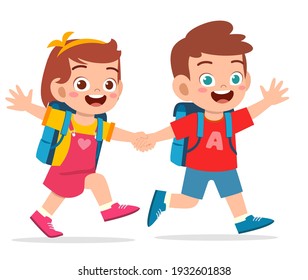 cute kid boy and girl holding hand and go to school together