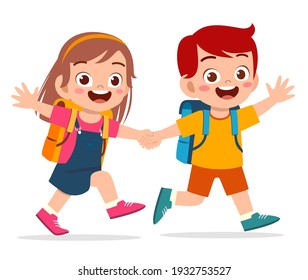 cute kid boy and girl holding hand and go to school together